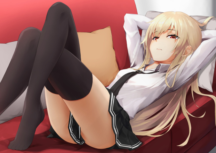 1girl arms_behind_head bangs bitterpain black_legwear black_necktie black_skirt blonde_hair commentary_request couch crossed_legs eyebrows_visible_through_hair long_sleeves looking_at_viewer lying necktie on_back on_couch original pillow pleated_skirt red_eyes school_uniform shirt skirt solo thighhighs thighs white_shirt
