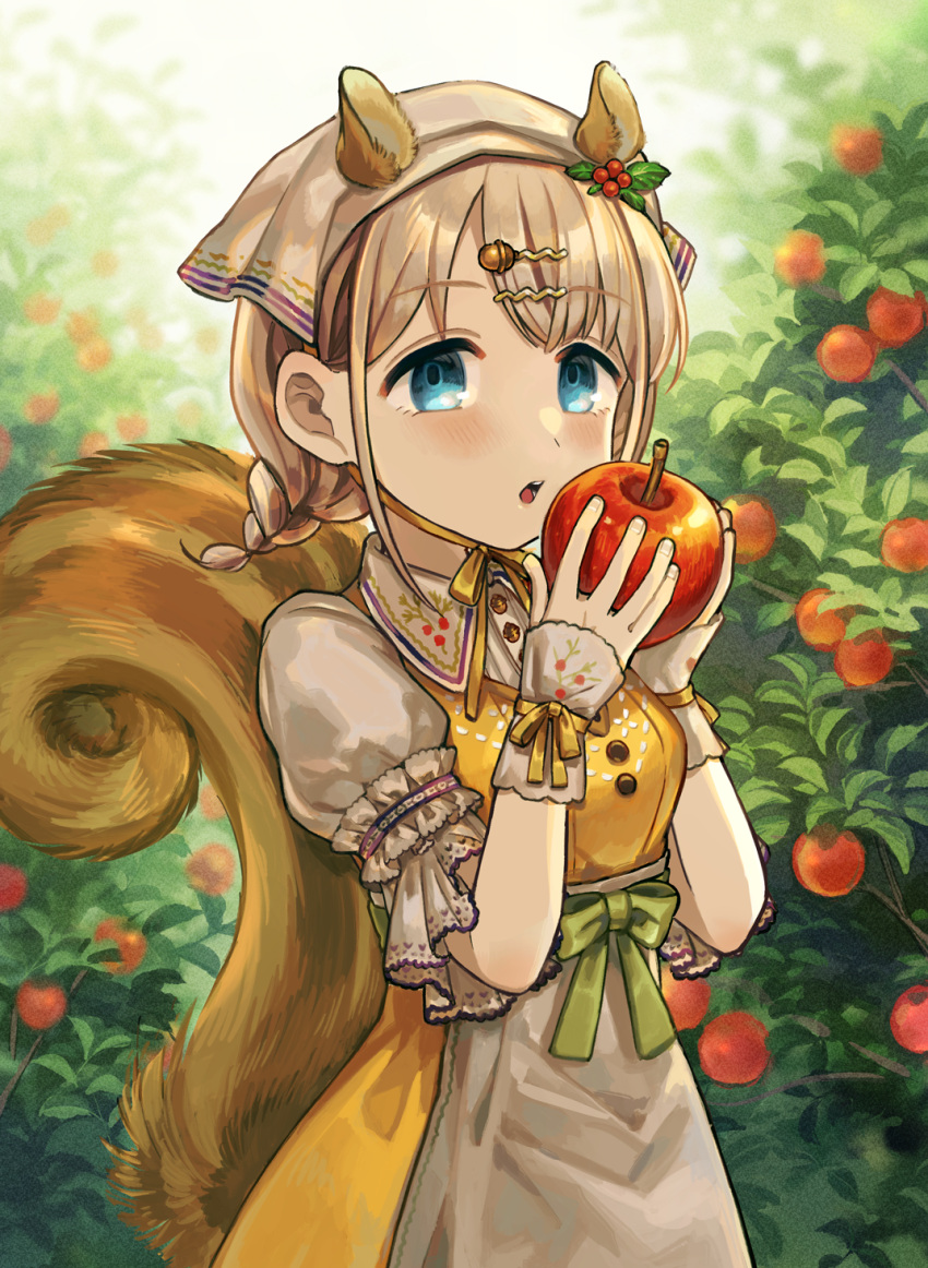 1girl acorn_hair_ornament animal_ears apple apple_tree apron blonde_hair blue_eyes blush braid collared_shirt dress extra_ears eyebrows_visible_through_hair food fruit hair_ornament head_scarf highres holding holding_food holding_fruit holly_hair_ornament idolmaster idolmaster_shiny_colors lace_trim neck_ribbon official_alternate_costume outdoors puffy_short_sleeves puffy_sleeves ribbon sasasasa serizawa_asahi shirt short_braid short_sleeves solo squirrel squirrel_ears squirrel_girl squirrel_tail tail tree