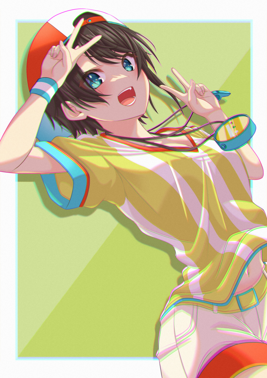 1girl :d absurdres backwards_hat baseball_cap belt_buckle blue_eyes breasts brown_hair buckle chromatic_aberration commentary double_v dutch_angle from_below green_background hat highres hololive jersey looking_at_viewer looking_down medium_breasts midriff_peek navel oozora_subaru outside_border red_headwear salute shirt short_hair shorts slope_(check238) smile solo stopwatch stopwatch_around_neck striped v vertical_stripes virtual_youtuber watch whistle whistle_around_neck white_headwear white_shirt white_shorts yellow_belt yellow_shirt