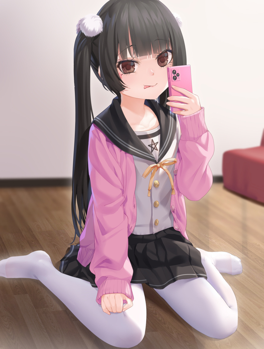 1girl :p bangs black_hair black_sailor_collar black_skirt blurry blurry_background brown_eyes cardigan cellphone closed_mouth commentary_request depth_of_field eyebrows_visible_through_hair highres holding holding_phone long_hair looking_at_viewer md5_mismatch neck_ribbon no_shoes open_cardigan open_clothes original pantyhose phone pink_cardigan pleated_skirt ribbon sailor_collar school_uniform serafuku shirt skirt sleeves_past_wrists smile solo tongue tongue_out too-ye twintails uneven_eyes very_long_hair white_legwear white_shirt wooden_floor yellow_ribbon