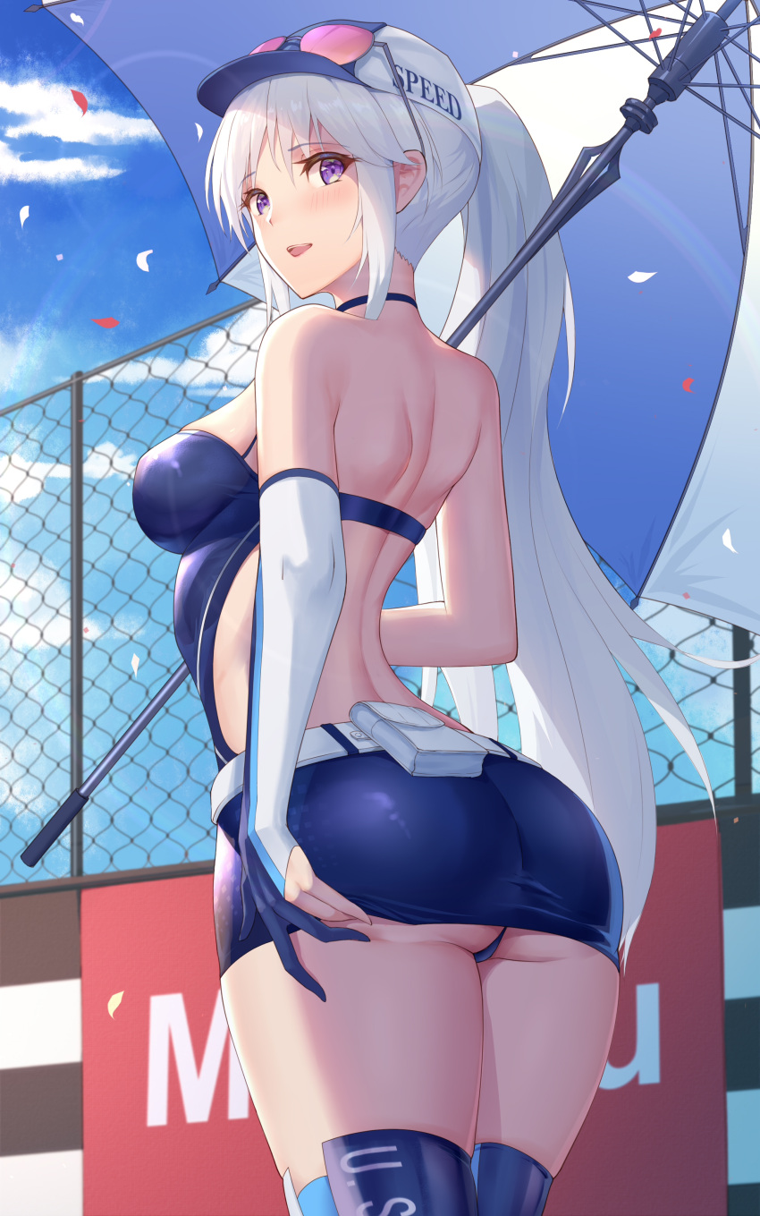 1girl :d absurdres ass azur_lane back backless_dress backless_outfit bangs bare_shoulders belt belt_pouch black_dress black_footwear blue_sky blush boots breasts chain-link_fence cleavage cloud commentary confetti cowboy_shot day dress elbow_gloves enterprise_(azur_lane) enterprise_(wind_catcher)_(azur_lane) eyebrows_visible_through_hair eyewear_on_headwear fence fingerless_gloves from_behind gloves hair_between_eyes hair_through_headwear halter_dress halterneck hat highres holding holding_umbrella kojo_(0124) large_breasts long_hair looking_at_viewer official_alternate_costume open_mouth outdoors partially_fingerless_gloves ponytail pouch purple_eyes race_queen short_dress sidelocks silver_hair single_elbow_glove single_fingerless_glove skindentation sky sleeveless sleeveless_dress smile solo standing sunglasses teeth thigh_boots thighhighs umbrella upper_teeth very_long_hair white_belt white_headwear zettai_ryouiki