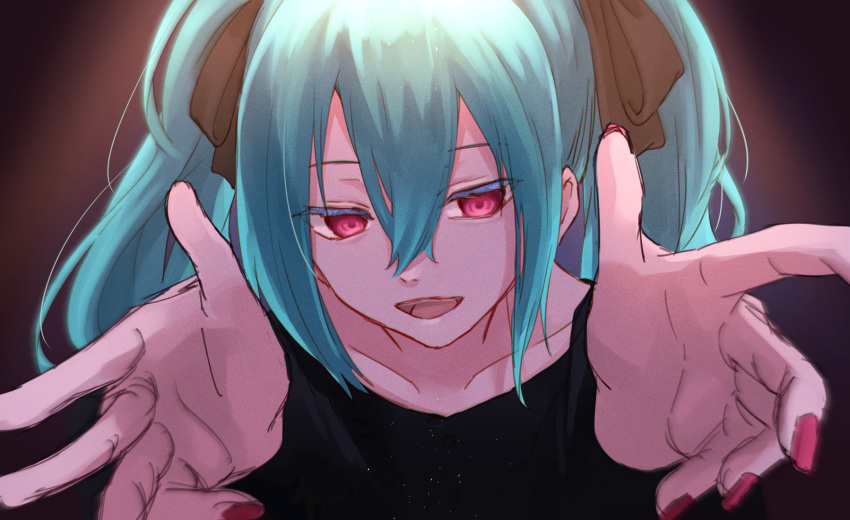 1girl :d bangs black_bow black_shirt blue_hair bow collarbone commentary hair_between_eyes hair_bow hatsune_miku highres long_hair nail_polish portrait reaching_out red_eyes red_nails shireru_illust shirt smile solo twintails vocaloid