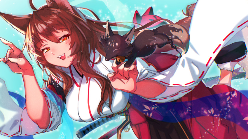 1girl :3 ahoge animal_ears bangs breasts brown_hair butterfly_hair_ornament eyebrows_visible_through_hair fangs fox fox_ears fox_girl fox_shadow_puppet fox_tail fumi_(nijisanji) geta hair_between_eyes hair_ornament hakama hakama_skirt highres japanese_clothes katana kimono large_breasts long_hair long_sleeves looking_at_viewer miko murechika nijisanji open_mouth red_hakama ribbon-trimmed_sleeves ribbon_trim skirt smile solo sword tabi tail very_long_hair virtual_youtuber weapon white_kimono wide_sleeves yellow_eyes