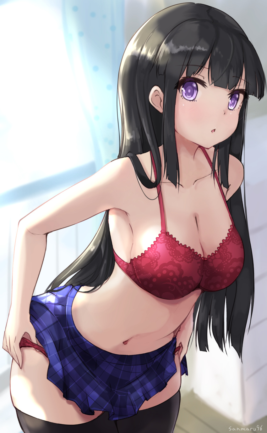 1girl artist_name bangs bare_shoulders black_hair black_legwear blue_skirt blurry bra breasts cleavage collarbone commentary depth_of_field eyebrows_visible_through_hair highres kuro_(be_ok) leaning_forward long_hair looking_at_viewer medium_breasts navel no_shirt open_mouth original panties plaid plaid_skirt pleated_skirt purple_eyes red_bra red_panties sidelocks skirt solo thighhighs underwear undressing