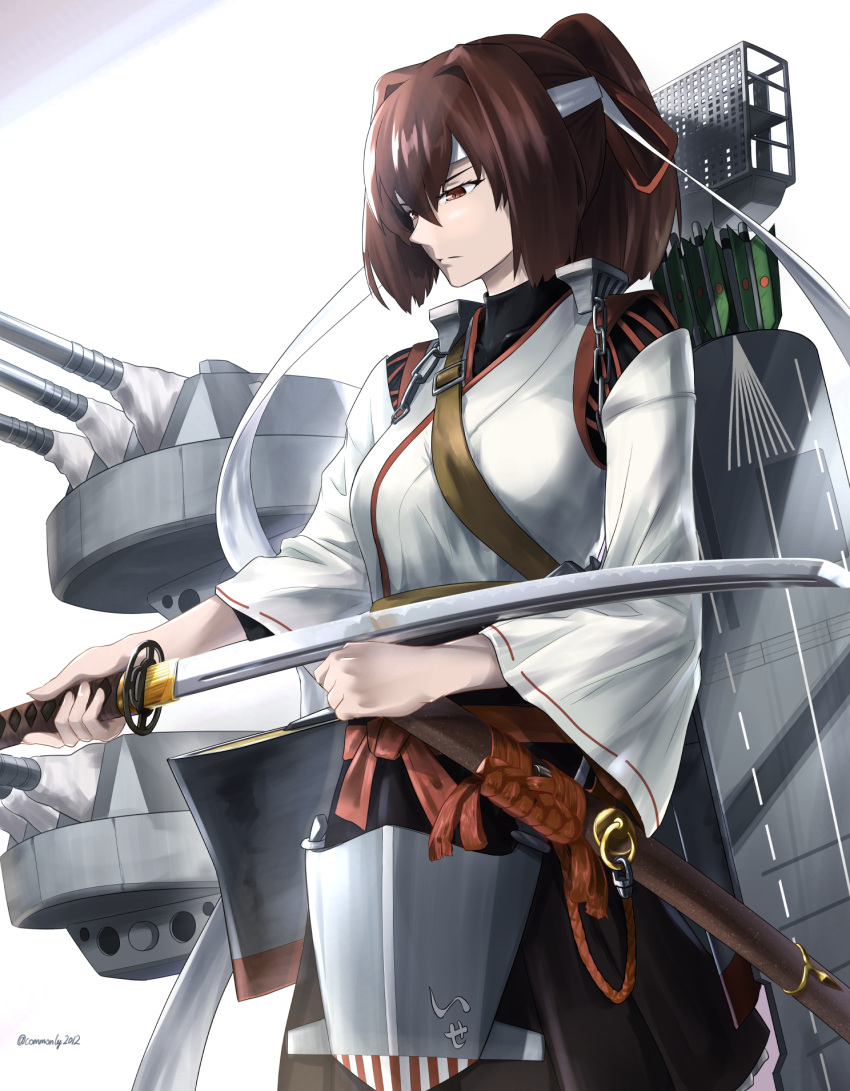 1girl arrow_(projectile) black_hakama black_undershirt breasts brown_eyes brown_hair cannon common2012 flight_deck hakama hakama_short_skirt hakama_skirt highres holding holding_sword holding_weapon ise_(kancolle) japanese_clothes kantai_collection katana medium_breasts quiver remodel_(kantai_collection) rigging scabbard sheath short_ponytail skirt solo sword turret unsheathed weapon