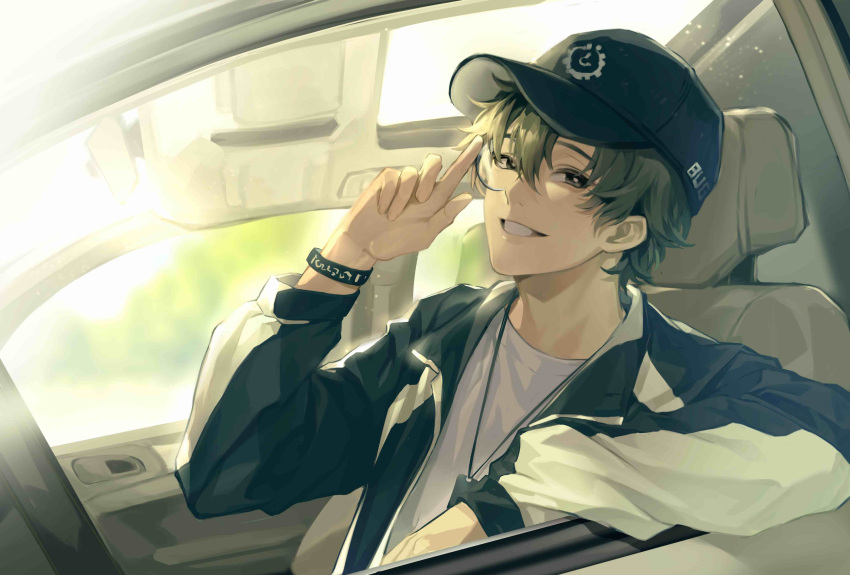 1boy adjusting_eyewear amon_(lord_of_the_mysteries) angel bangs black_eyes black_hair bracelet car car_interior car_seat chinese_commentary commentary_request ears ground_vehicle hat highres jacket jewelry looking_at_viewer lord_of_the_mysteries male_focus monocle motor_vehicle shirt short_hair smile solo t-shirt teeth tree white_shirt window yumaomao2056
