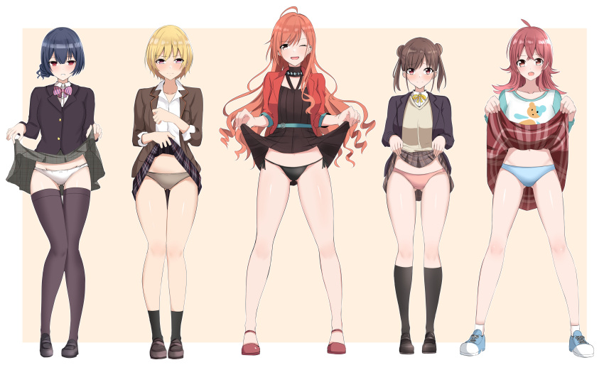 5girls :d absurdres ahoge animal_print arisugawa_natsuha bangs baretto_(karasi07) bear_print black_dress black_eyes black_footwear black_jacket black_legwear black_panties blazer blonde_hair blue_hair blue_panties blush border bow bowtie breasts brown_hair brown_jacket brown_panties brown_skirt cardigan clothes_lift collarbone commentary_request double_bun dress dress_lift eyebrows_visible_through_hair green_skirt hair_between_eyes hair_bun highres houkago_climax_girls_(idolmaster) idolmaster idolmaster_shiny_colors jacket komiya_kaho lifted_by_self long_hair long_sleeves looking_at_viewer morino_rinze multiple_girls navel one_eye_closed open_mouth outside_border panties pink_bow pink_bowtie pink_eyes pink_hair pink_panties plaid plaid_skirt purple_eyes red_eyes red_hair red_jacket red_skirt ribbon ringlets saijou_juri school_uniform shirt short_hair short_twintails skirt skirt_lift smile sonoda_chiyoko standing string_panties swept_bangs thighhighs tsurime twintails underwear white_border white_panties white_shirt yellow_neckwear yellow_ribbon