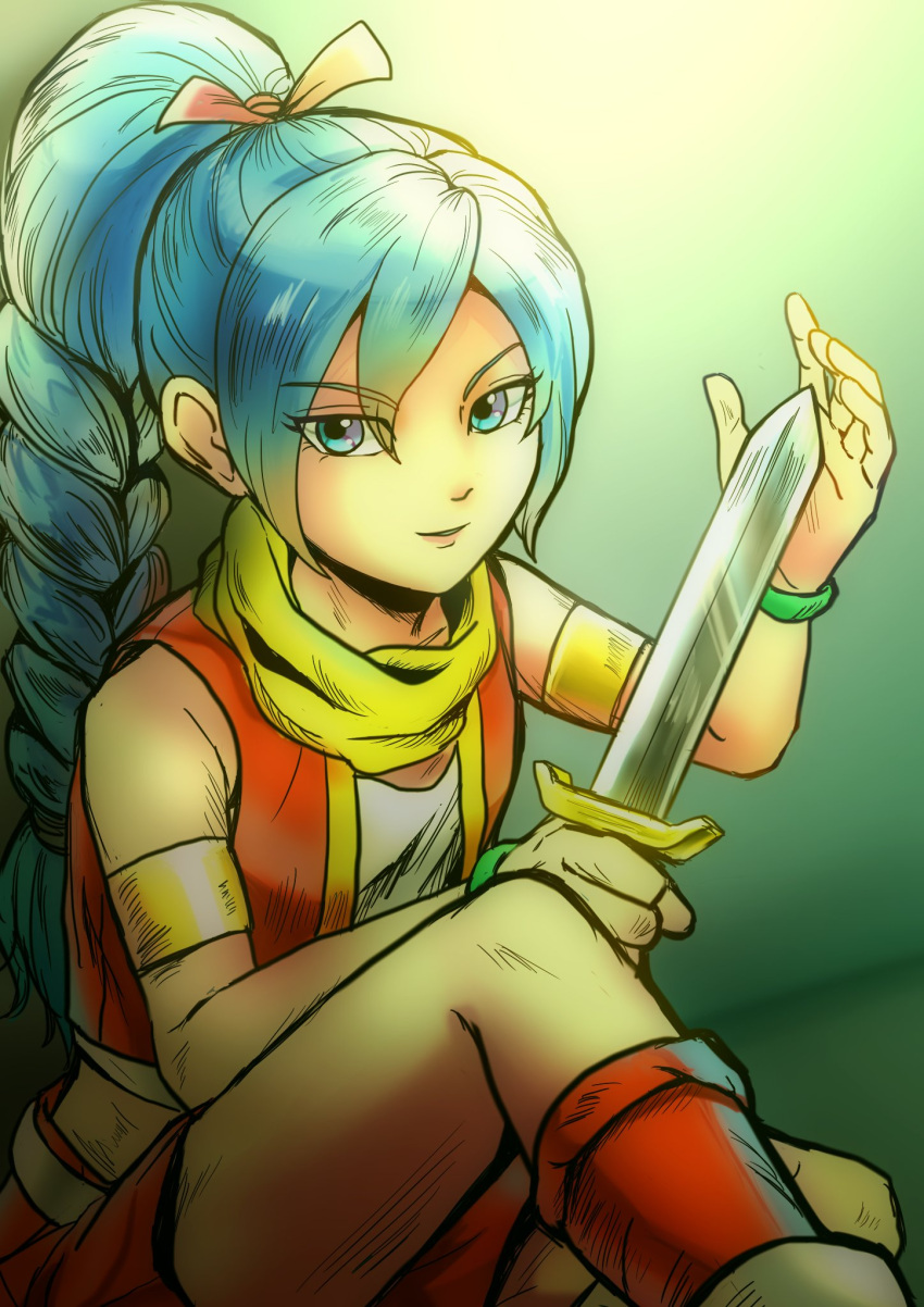 1girl armband blue_eyes blue_hair bracelet braid braided_ponytail dragon_quest dragon_quest_xi hair_ribbon highres jewelry knife long_hair looking_at_viewer maya_(dq11) red_vest ribbon scarf simple_background single_braid solo vest wandaisuki weapon