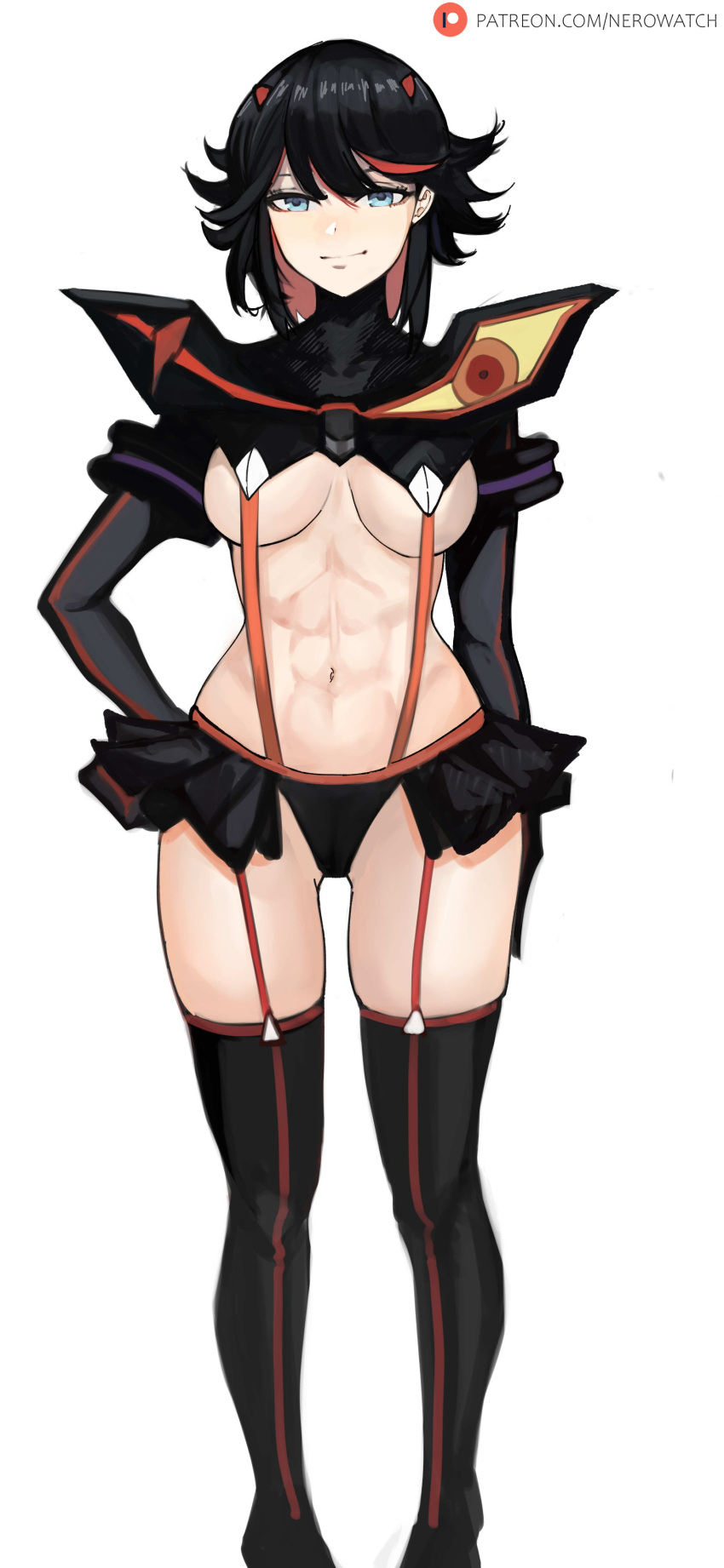 1girl absurdres black_hair blue_eyes boots breasts groin_tendon hand_on_hip highres kill_la_kill matoi_ryuuko medium_breasts multicolored_hair navel nero_watch patreon_logo patreon_username pigeon-toed red_hair senketsu smirk solo streaked_hair thigh_boots thighhighs thighs web_address white_background