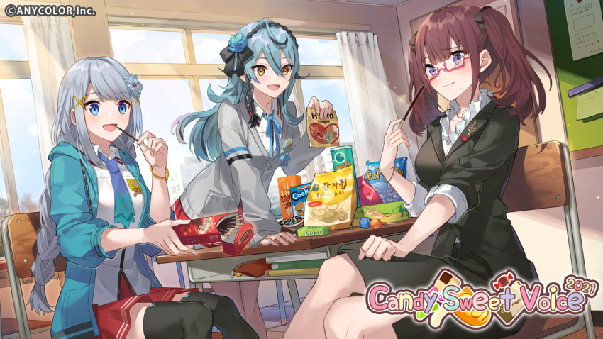 3girls ban_hada bangs black_bow black_hairband black_jacket black_skirt blue_flower blue_hair blue_hoodie blue_necktie blue_ribbon blue_rose bow box braid brand_name_imitation breasts cardigan chips collared_shirt eihi english_commentary flower food glasses grey_cardigan hair_behind_ear hair_between_eyes hair_bow hair_flower hair_ornament hairband haribo highres holding holding_box holding_food hood hoodie jacket lee_roha long_hair medium_breasts multiple_girls neck_ribbon necktie nijisanji nijisanji_kr official_art open_mouth pocky potato_chips purple_eyes red_skirt ribbon rose ryu_hari school_uniform shirt silver_hair skirt smile teacher twintails virtual_youtuber white_jacket yellow_eyes