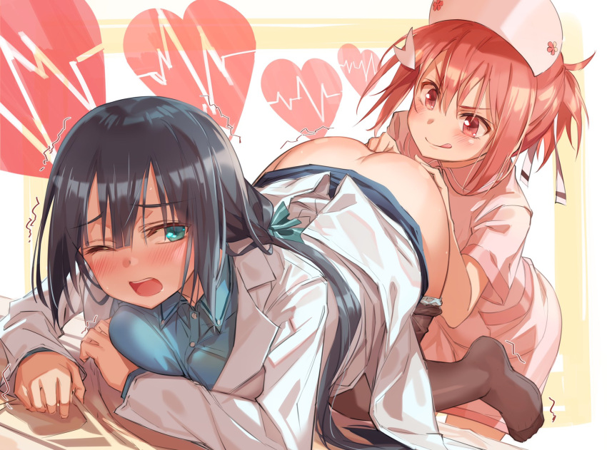 2girls anal_fingering ass black_hair blush border breasts cardiogram commentary_request eyebrows_visible_through_hair fingering green_eyes hair_ribbon hat heart highres jacket long_hair medium_breasts medium_hair michairu moaning multiple_girls no_shoes nurse nurse_cap one_eye_closed open_mouth panties panty_pull ponytail red_eyes red_hair ribbon shirt simple_background teeth thighhighs tongue tongue_out tougou_mimori underwear upper_teeth white_background yellow_border yuri yuuki_yuuna yuuki_yuuna_wa_yuusha_de_aru yuusha_de_aru