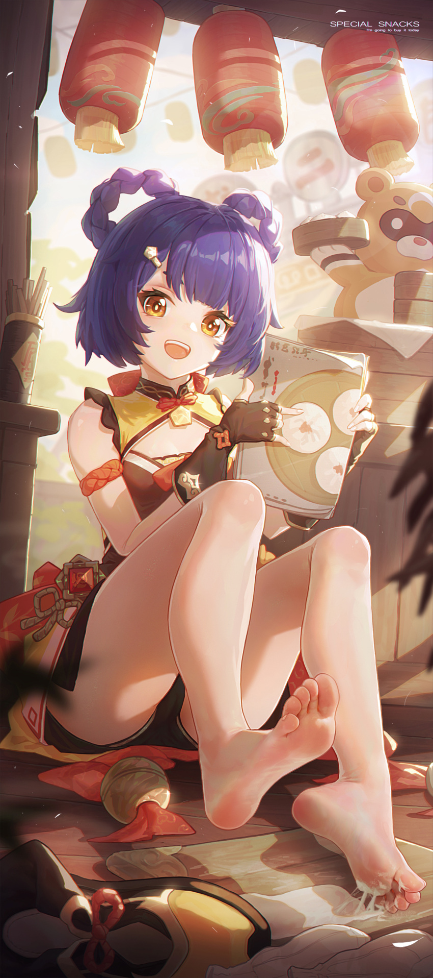 1girl :d absurdres bangs baozi bare_legs barefoot black_gloves black_panties blue_hair blush brown_dress brown_eyes chinese_commentary commentary_request dress english_text feet fingerless_gloves food foot_focus full_body genshin_impact gloves guoba_(genshin_impact) hair_ornament hair_rings hairclip highres holding ice_(dzs1392584271) knees_up lantern legs looking_at_viewer panties shoes shoes_removed short_hair sitting sleeveless sleeveless_dress smile soles suggestive_fluid teeth toes underwear upper_teeth vision_(genshin_impact) wooden_floor xiangling_(genshin_impact)