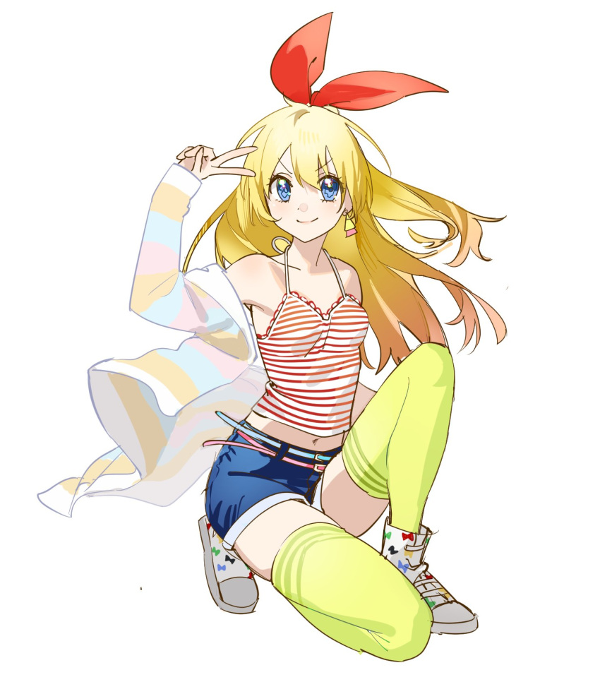 1girl arm_up bangs blonde_hair blue_eyes blue_shorts breasts earrings grey_background hair_ornament hair_ribbon highres jacket jewelry kirisaki_chitoge long_hair looking_at_viewer midriff navel nisekoi ribbon seveneightdu shirt shorts simple_background small_breasts smile solo striped striped_jacket striped_shirt thighhighs v yellow_legwear