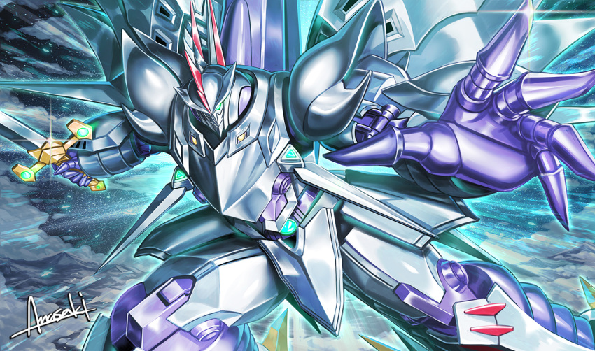 amasaki_yusuke aura cloud cybuster glowing glowing_eye holding holding_sword holding_weapon mecha no_humans signature sparkle super_robot_wars super_robot_wars_the_lord_of_elemental sword weapon