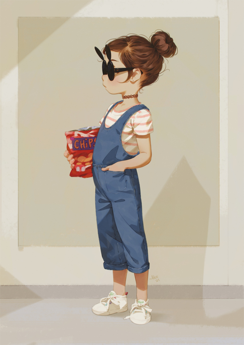 1girl alkemanubis bag_of_chips brown_hair child choker denim food glasses grey_background hair_bun hand_in_pocket highres holding holding_food looking_away original overalls shadow shirt shoes short_hair sneakers solo standing striped striped_shirt sunglasses