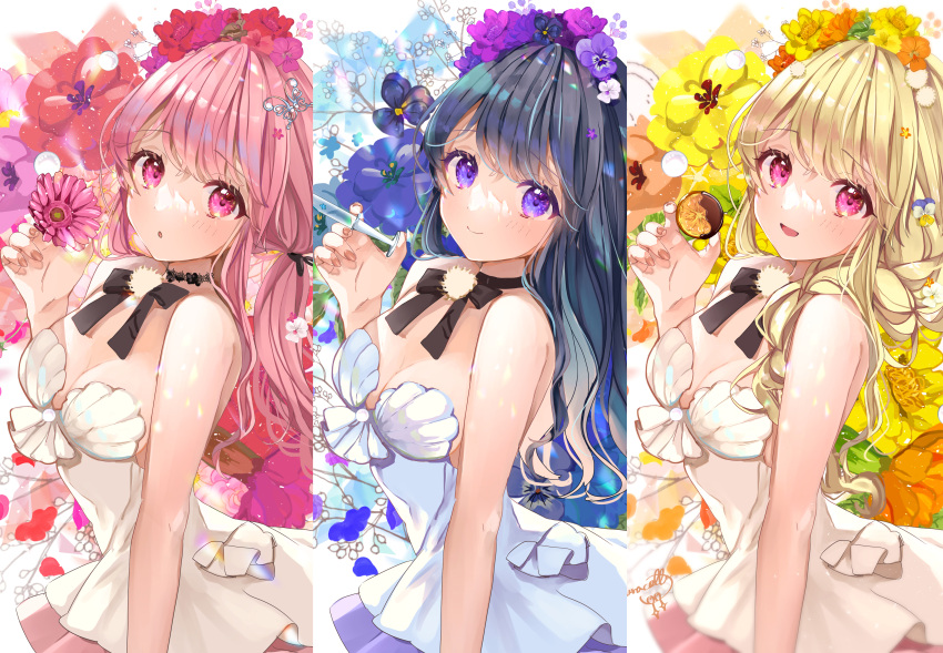 3girls :d :o bare_arms bare_shoulders black_bow black_choker black_hair blonde_hair blush bow breasts brown_flower choker cleavage closed_mouth commentary_request covered_navel dress flower hair_flower hair_ornament highres holding holding_flower holding_syringe long_hair medium_breasts multiple_girls original parted_lips pink_eyes pink_flower pink_hair puracotte purple_eyes purple_flower red_flower signature smile strapless strapless_dress syringe very_long_hair white_dress yellow_flower