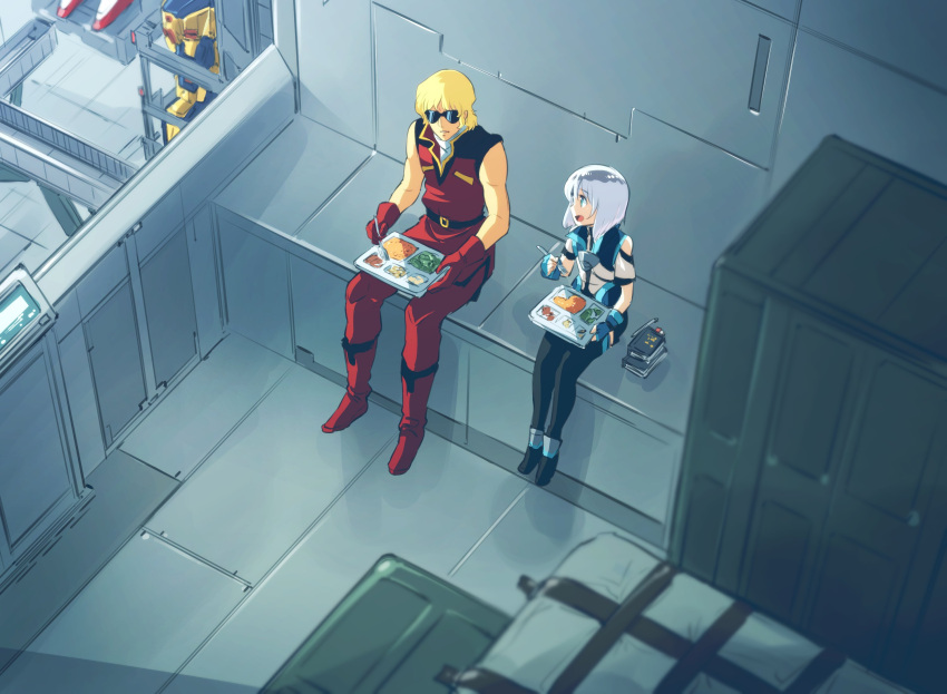 2boys blonde_hair blue_gloves book boots crossover eating ernesti_echevalier fingerless_gloves fork glasses gloves gundam hangar highres holding holding_fork hyaku_shiki_kai ishiyumi jacket knight's_&amp;_magic mecha mobile_suit multiple_boys pants quattro_vageena red_footwear red_gloves red_jacket red_pants silver_hair sleeveless sleeveless_jacket smile super_robot_wars super_robot_wars_30 tray zeta_gundam zeta_gundam_(mobile_suit)