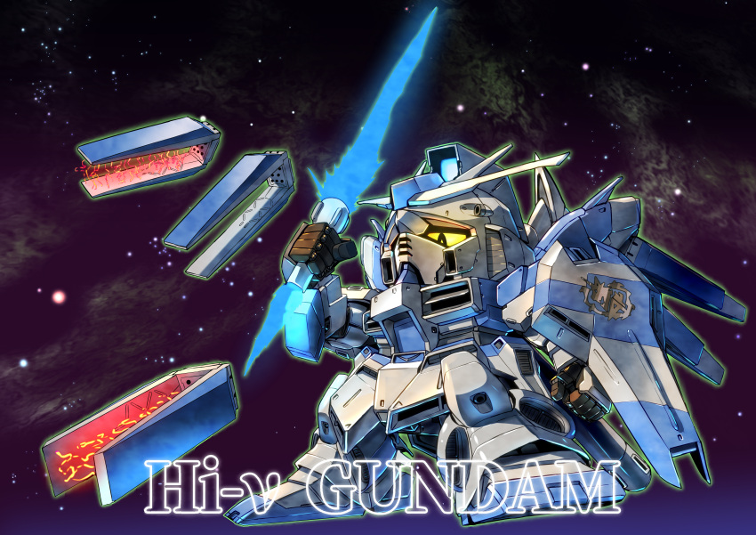 absurdres ag_00000 beam_saber char's_counterattack char's_counterattack_-_beltorchika's_children character_name chibi colored_sclera commentary double-blade energy_sword english_text fin_funnels funnels gundam hi-nu_gundam highres mecha mobile_suit no_humans science_fiction sd_gundam shield solo space star_(sky) sword v-fin weapon yellow_sclera