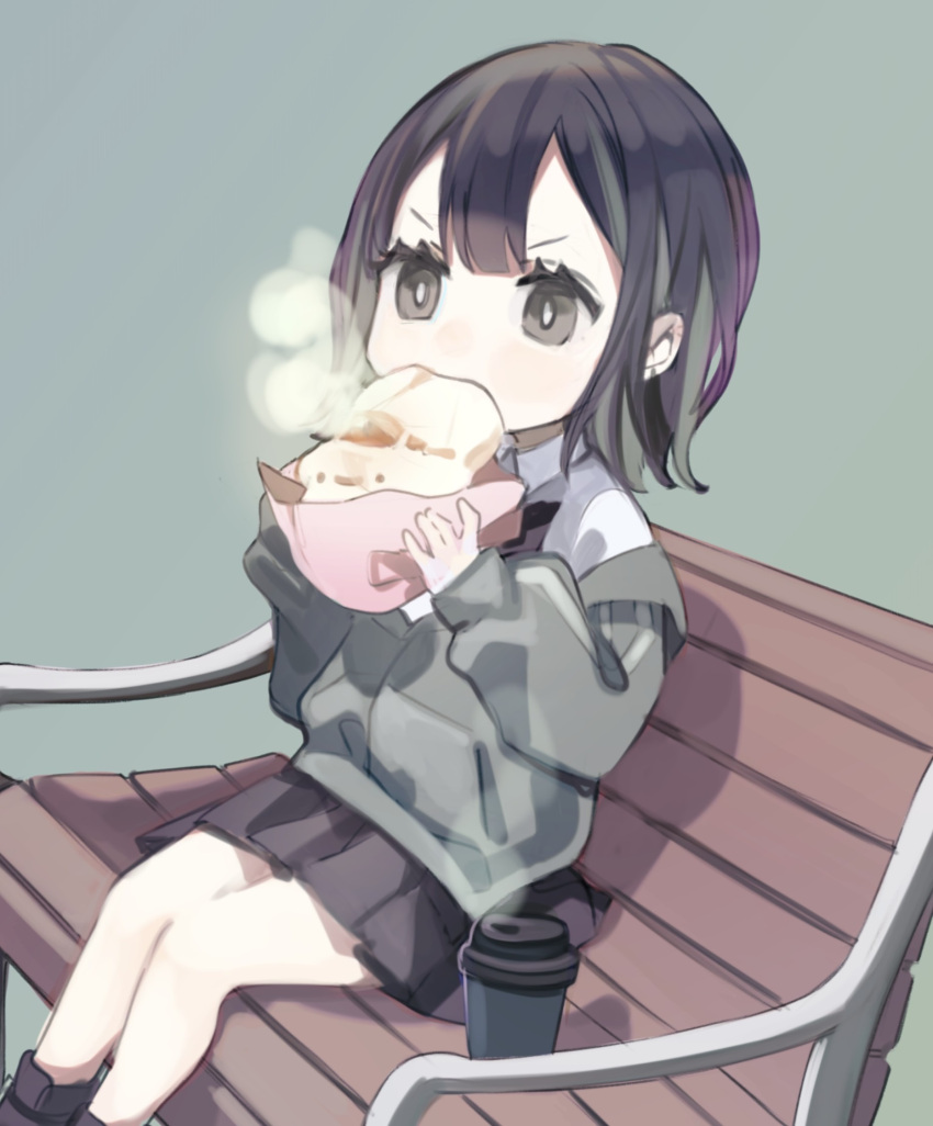 1girl bangs bench biting black_bow black_bowtie black_footwear black_hair black_skirt boukou-chan_(tokiwata_soul) bow bowtie chibi collared_shirt commentary_request cup eating food from_side green_background green_hair green_jacket highres holding holding_food jacket long_sleeves miniskirt multicolored_hair off_shoulder original park_bench pleated_skirt shirt shoes short_hair simple_background sitting skirt solo steam tokiwata_soul two-tone_hair white_shirt wrapper