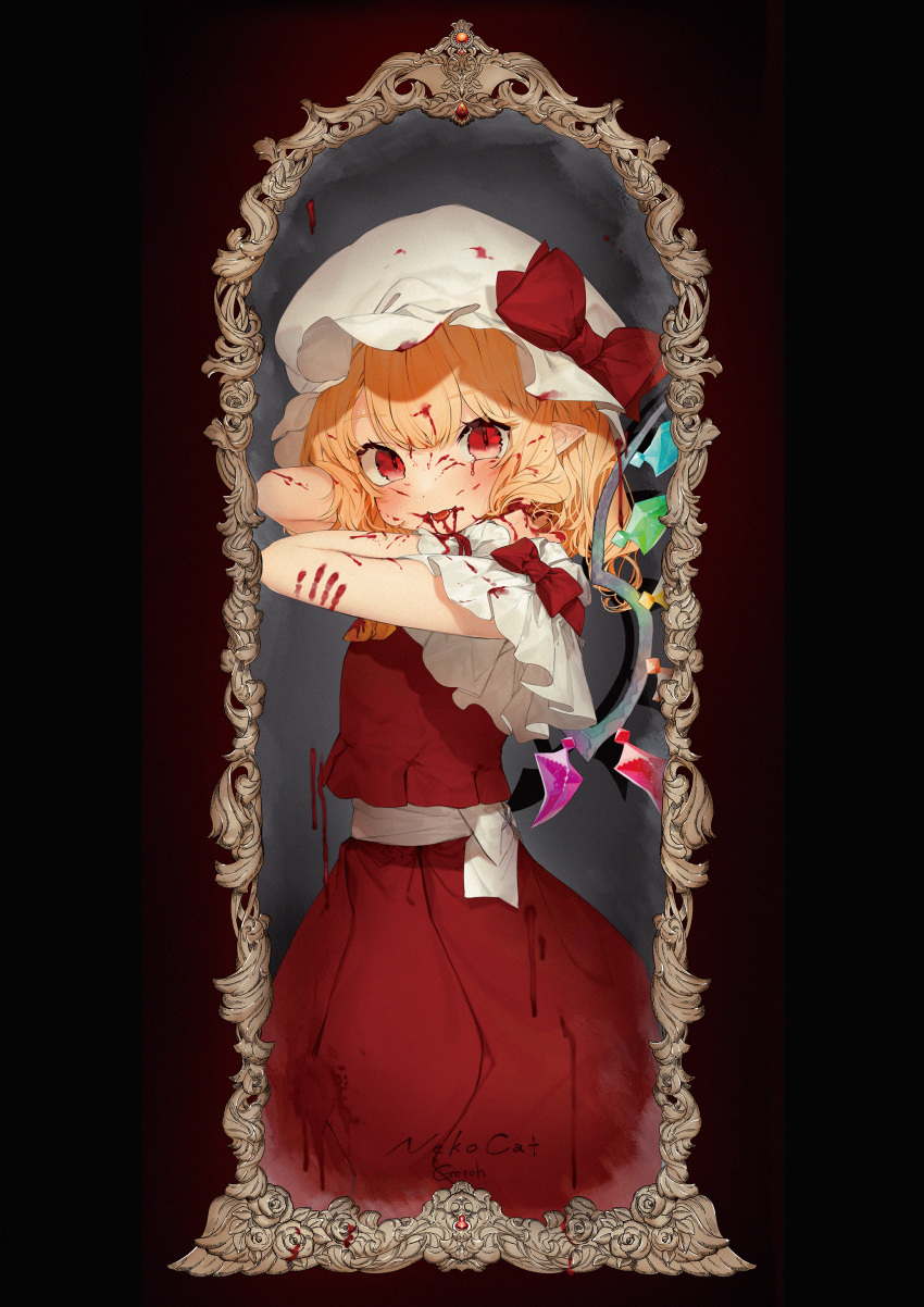 1girl :3 absurdres arm_behind_head arms_up back_bow bangs black_background blonde_hair blood blood_from_mouth blood_in_hair blood_on_arm blood_on_clothes blood_on_face blood_on_hands blood_splatter blood_stain blush bow closed_mouth cowboy_shot crystal dark dark_background dot_nose doujinshi eyebrows_visible_through_hair eyes_visible_through_hair fang fang_out film_grain flandre_scarlet frilled_cuffs frilled_sleeves frills from_side gotou_(nekocat) hand_in_hair hand_print hat hat_bow highres long_hair looking_at_viewer looking_to_the_side mirror mob_cap pointy_ears red_bow red_eyes red_skirt red_vest reflection sash short_sleeves side_ponytail signature skirt skirt_set sleeve_bow slit_pupils solo standing tongue tongue_out touhou vampire vest white_headwear white_sash wide_sleeves wings wrist_cuffs