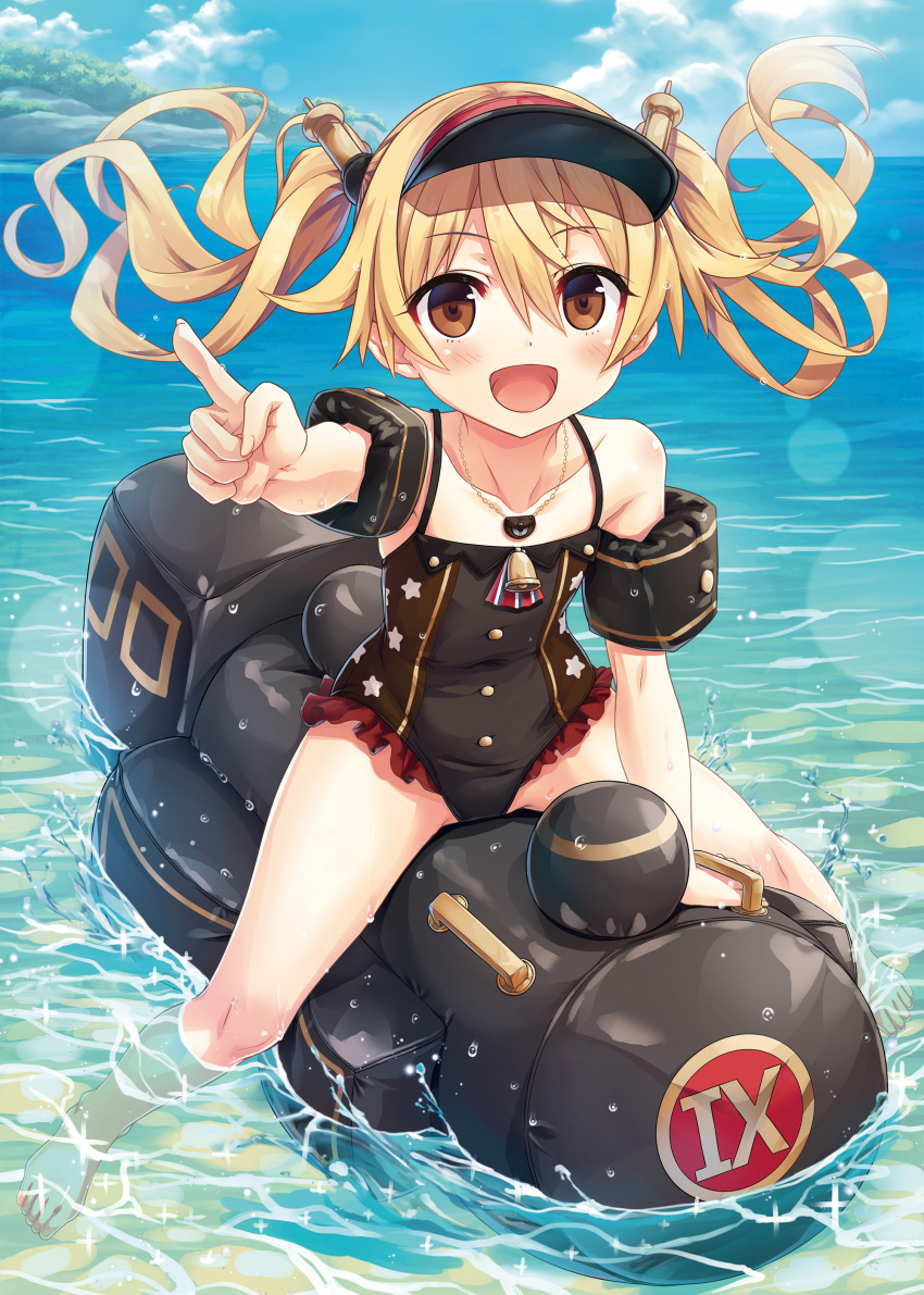 1girl :d absurdres arm_support bangs barefoot bell black_swimsuit blonde_hair blue_sky blush brown_eyes casual_one-piece_swimsuit cloud collarbone commentary_request cura day dot_nose eyebrows_visible_through_hair fingernails flat_chest frilled_swimsuit frills full_body hair_between_eyes hair_ornament hat highres horizon index_finger_raised inflatable_armbands inflatable_toy jewelry long_hair looking_at_viewer maitetsu necklace ocean official_art olivi_(maitetsu) one-piece_swimsuit outdoors outstretched_arm pointing pointing_at_viewer sky smile soaking_feet solo spaghetti_strap sparkle star_(symbol) straddling swimsuit thighs toes twintails visor_cap wet