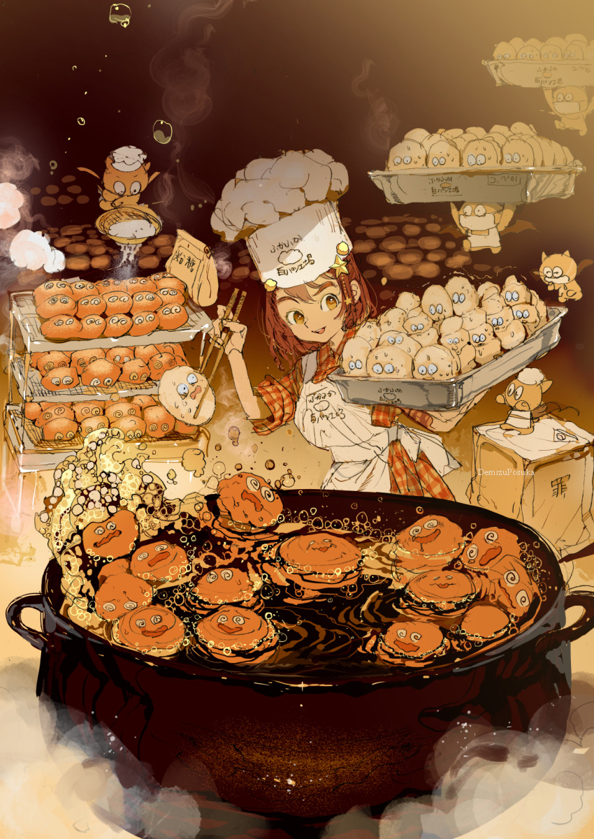 1girl :d apron artist_name boiling brown_eyes brown_hair brown_theme bubble cauldron chef_hat chopsticks cooking cooking_oil creature demizu_posuka dress food gingham hair_ornament hat hat_ornament highres holding holding_chopsticks multiple_others open_mouth orange_dress original pastry scared sleeves_pushed_up smile standing star_(symbol) star_hair_ornament steam toque_blanche tray