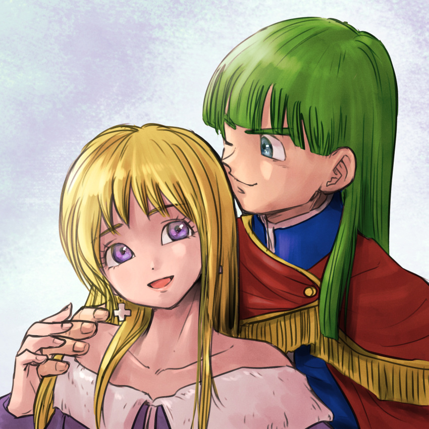 1boy 1girl :d bare_shoulders blonde_hair blue_eyes blue_jacket cape chinyan collarbone couple cross cross_earrings dragon_quest dragon_quest_v dress earrings green_hair hand_on_another's_shoulder henry_(dq5) hetero highres jacket jewelry long_hair maria_(dq5) off-shoulder_dress off_shoulder purple_dress purple_eyes red_cape smile