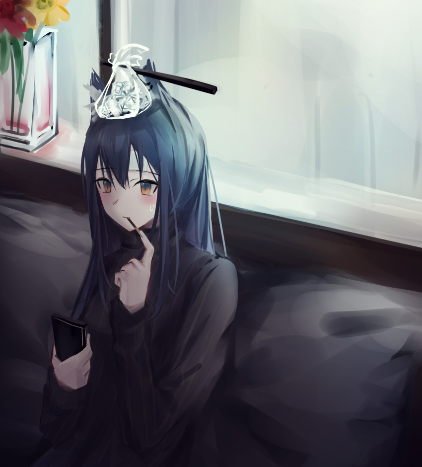 0_(znanimo) 1girl absurdres arknights bag_on_head black_hair blush cellphone couch eating eyebrows_visible_through_hair flower food food_in_mouth hair_between_eyes hand_up highres holding holding_phone indoors long_hair mouth_hold phone pocky red_flower sitting smartphone solo sweatdrop texas_(arknights) upper_body vase window windowsill yellow_eyes yellow_flower