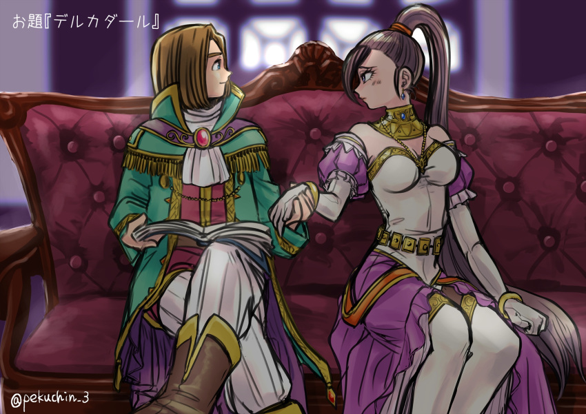 1boy 1girl bare_shoulders blue_eyes blush book boots breasts brown_footwear brown_hair chinyan coat commentary_request couch detached_sleeves dragon_quest dragon_quest_xi dress earrings elbow_gloves gloves green_coat hair_ornament hair_scrunchie hero_(dq11) high_ponytail highres holding holding_book holding_hands jewelry large_breasts long_hair looking_at_another martina_(dq11) on_couch orange_scrunchie pants ponytail purple_dress purple_eyes purple_hair red_shirt scrunchie shirt short_sleeves sitting thighhighs translated twitter_username very_long_hair white_dress white_gloves white_legwear white_pants