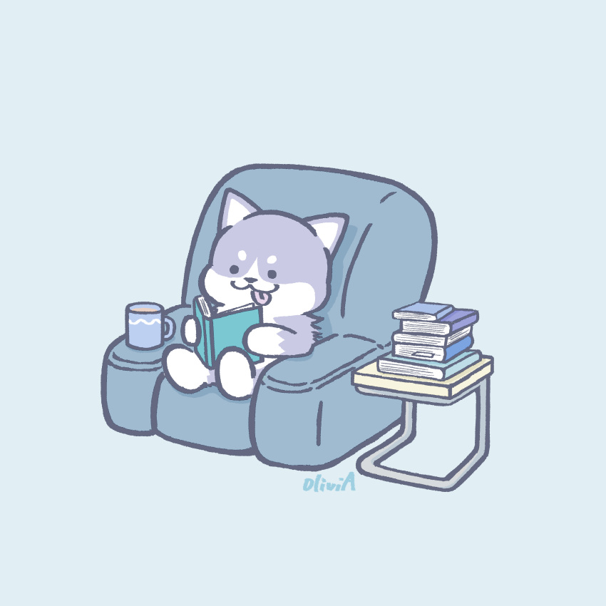 :3 :p absurdres artist_name book book_stack chair coffee couch cup dog highres husky light_blue_background mug no_humans olivia_(shkm2443) original reading simple_background sitting table thick_eyebrows tongue tongue_out