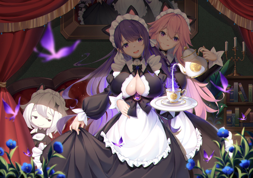 3girls animal_ears apron bangs blunt_bangs bookshelf breasts bug butterfly candle cat_ears center_opening cleavage couch cup curtains dress flower genshin_impact hair_ornament half-closed_eyes large_breasts licking_lips long_hair long_sleeves maid_apron maid_headdress multiple_girls open_mouth paimon_(genshin_impact) pink_hair plate pouring puffy_long_sleeves puffy_sleeves purple_eyes purple_hair raiden_shogun smile teacup teapot tongue tongue_out white_hair yae_(genshin_impact) yu_e_baba