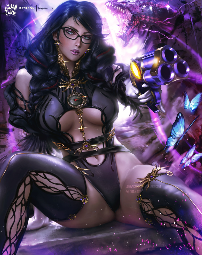 1girl absurdres amulet bayonetta bayonetta_(series) bayonetta_3 belt black_hair black_legwear black_leotard black_panties blue_eyes blush braid breasts earrings eyeshadow glasses green_eyes gun highres jewelry large_breasts leotard logan_cure looking_at_viewer makeup mole mole_under_mouth panties solo thighhighs twin_braids underboob underwear weapon