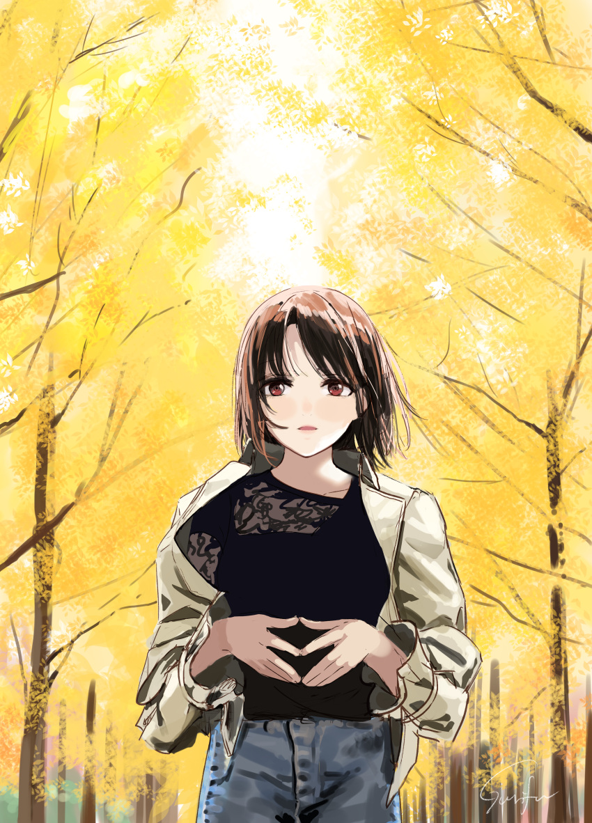 1girl absurdres bangs black_shirt blue_pants brown_hair brown_jacket day fingers_together gurifu highres jacket looking_at_viewer open_clothes open_jacket original outdoors pants parted_bangs parted_lips red_eyes shirt solo tree
