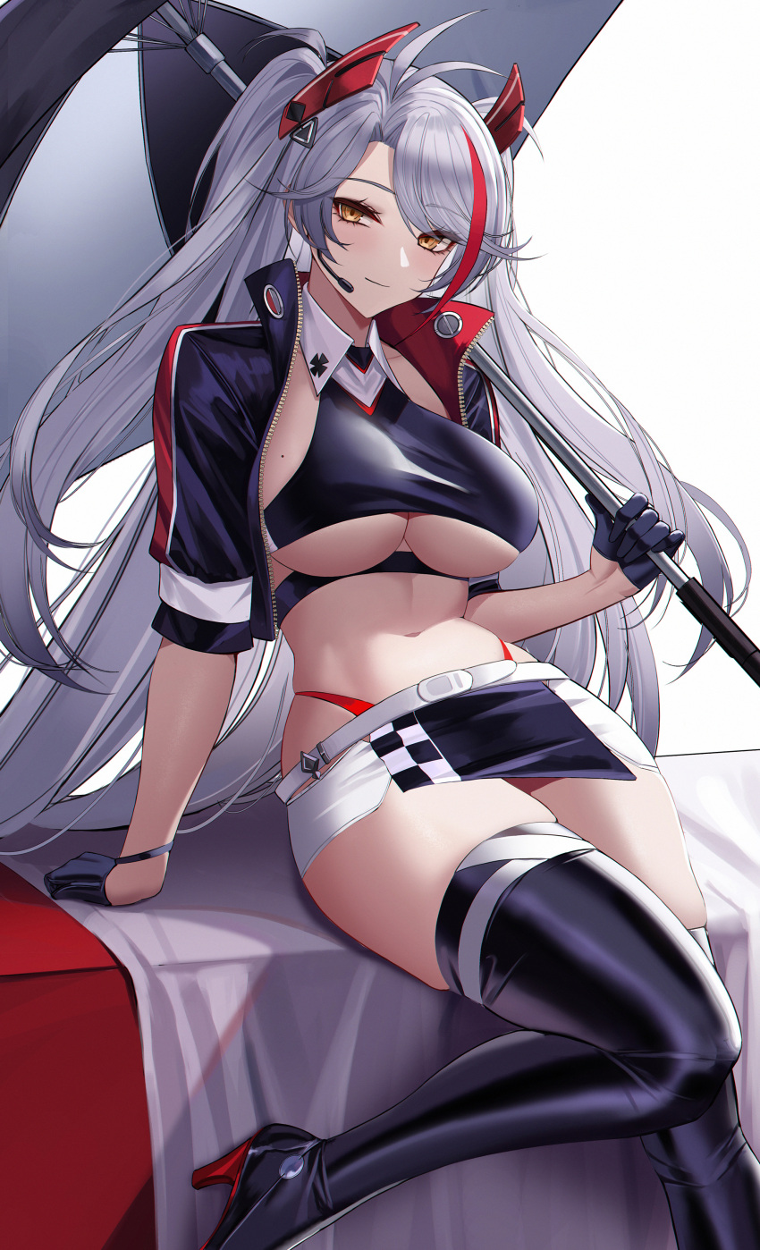 1girl absurdres antenna_hair azur_lane bangs black_footwear black_gloves black_jacket black_legwear boots breasts brown_eyes closed_mouth crop_top cropped_jacket eternity_(shadeh) eyebrows_visible_through_hair feet_out_of_frame gloves half_gloves headgear high_heel_boots high_heels highres holding holding_umbrella jacket large_breasts long_hair looking_at_viewer microphone miniskirt mole mole_on_breast multicolored_hair navel official_alternate_costume open_clothes open_jacket panty_straps prinz_eugen_(azur_lane) prinz_eugen_(final_lap)_(azur_lane) red_hair silver_hair sitting skirt solo stomach streaked_hair thigh_boots thighhighs two_side_up umbrella underboob very_long_hair white_background zipper