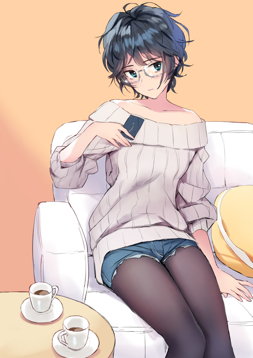 1girl bangs bare_shoulders black_hair black_legwear blue_eyes commentary couch cup denim denim_shorts feet_out_of_frame glasses hand_up highres holding matsuda_(matsukichi) off-shoulder_sweater off_shoulder orange_background original pantyhose saucer short_hair short_shorts shorts sitting solo sweater white_sweater