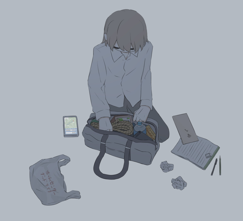 1boy absurdres avogado6 bag black_pants bottle brown_hair cellphone closed_eyes commentary crumpled_paper eraser from_above highres kneeling long_sleeves male_focus notepad original pants pen pencil phone rope shirt smartphone solo suicide_note translated water_bottle white_shirt