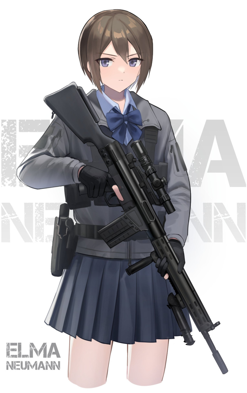 1girl absurdres bangs battle_rifle black_gloves black_jacket blue_bow blue_bowtie blue_shirt blue_skirt bow bowtie brown_hair character_name closed_mouth gloves gun h&amp;k_g3 hair_between_eyes handgun highres holding holding_gun holding_weapon holstered_weapon jacket long_sleeves looking_at_viewer original partially_fingerless_gloves pistol polo_shirt purple_eyes rifle school_uniform shiroyama_soh shirt simple_background skirt solo trigger_discipline v-shaped_eyebrows weapon white_background
