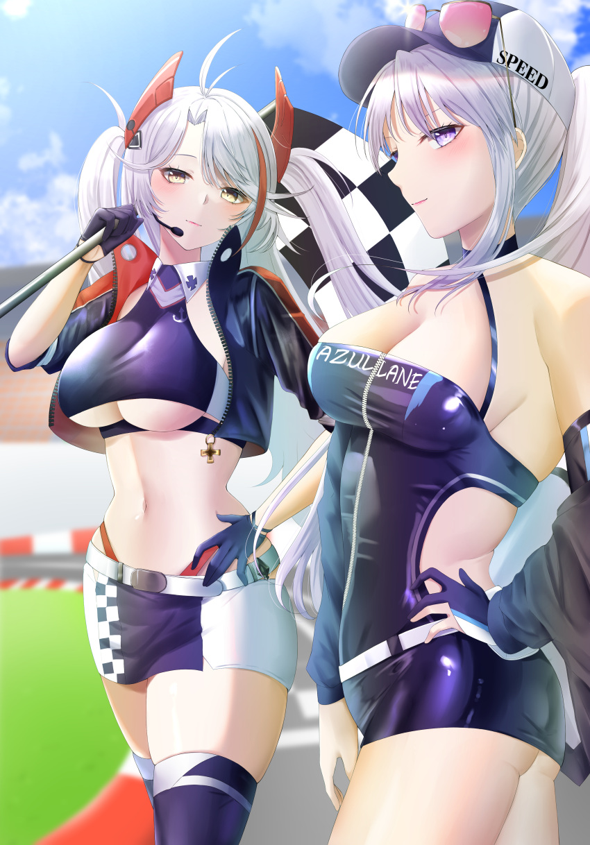 2girls absurdres antenna_hair ass azur_lane bangs bare_shoulders belt black_dress black_gloves black_jacket black_legwear black_shirt black_skirt blue_sky blurry blurry_background blush breasts checkered checkered_flag cleavage closed_mouth clothes_writing cloud collarbone collared_shirt commentary cowboy_shot cropped_shirt cross day dress earpiece enterprise_(azur_lane) enterprise_(wind_catcher)_(azur_lane) eyebrows_behind_hair eyewear_on_headwear fingerless_gloves flag gloves hair_between_eyes hair_through_headwear half_gloves halter_dress halterneck hand_on_hip hat headgear highleg highleg_swimsuit highres holding holding_flag iron_cross jacket konparu_uran large_breasts long_hair long_sleeves looking_at_viewer midriff multicolored_hair multiple_girls navel off_shoulder official_alternate_costume open_clothes open_jacket outdoors partially_fingerless_gloves ponytail prinz_eugen_(azur_lane) prinz_eugen_(final_lap)_(azur_lane) purple_eyes race_queen racetrack red_hair shirt short_sleeves sidelocks silver_hair single_fingerless_glove skindentation skirt sky sleeveless sleeveless_dress sleeveless_shirt smile standing streaked_hair sunglasses swept_bangs swimsuit thighhighs two-tone_skirt two_side_up typo underboob underbust very_long_hair white_belt white_hair white_headwear white_skirt yellow_eyes