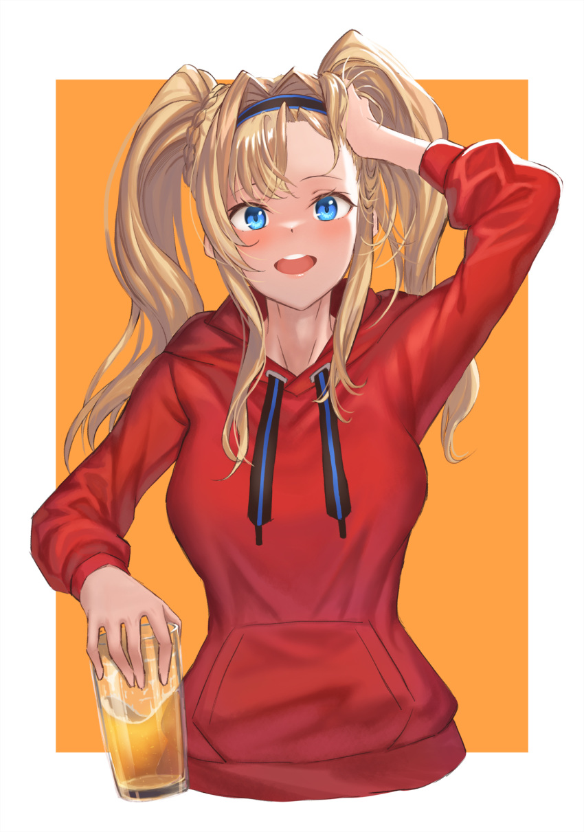 1girl :d arm_up black_hairband blonde_hair blue_eyes blush border breasts cup drawstring drink drinking_glass granblue_fantasy hair_intakes hairband hand_in_hair highres holding holding_cup hood hood_down hoodie large_breasts long_hair long_sleeves looking_at_viewer open_mouth orange_background outside_border red_hoodie round_teeth sidelocks simple_background smile solo teeth tekkai_blade twintails upper_teeth white_border zeta_(granblue_fantasy)