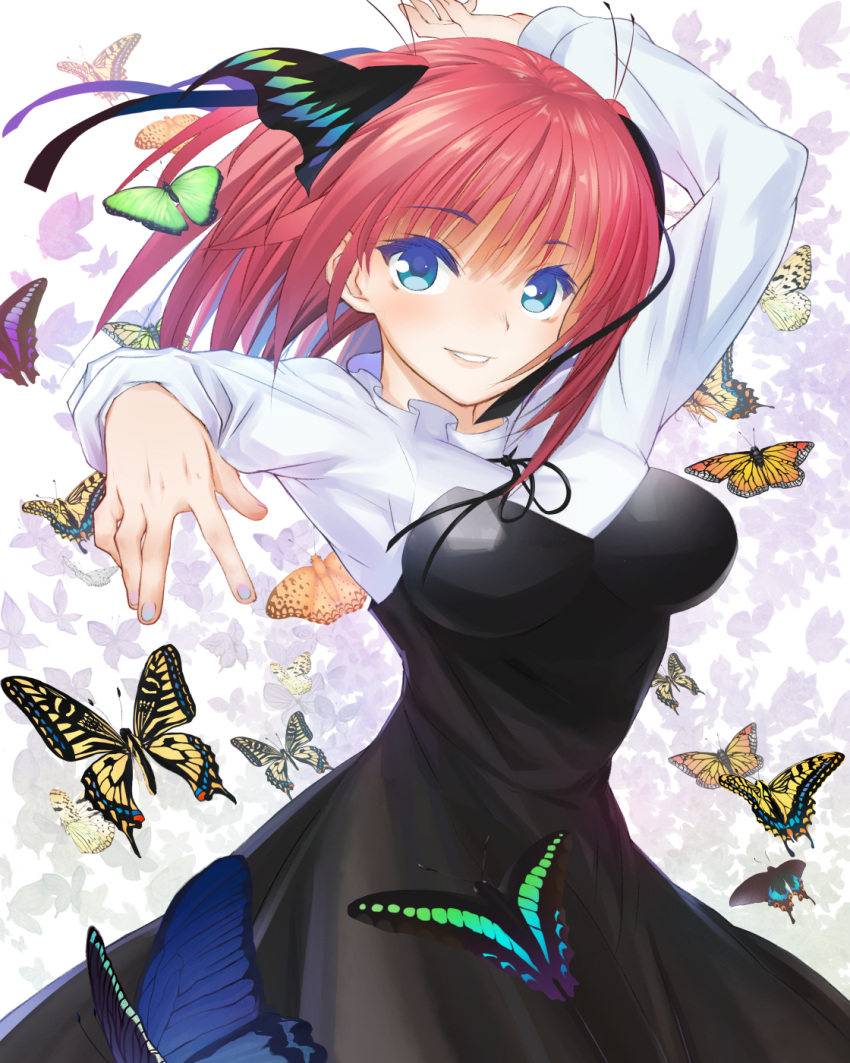 1girl arm_up bangs black_dress black_ribbon blue_eyes blunt_bangs breasts bug butterfly butterfly_hair_ornament dancing dress frilled_dress frills go-toubun_no_hanayome hair_ornament highres hirokiku long_sleeves looking_at_viewer multicolored_nails nail_polish nakano_nino pink_hair ribbon smile solo twintails