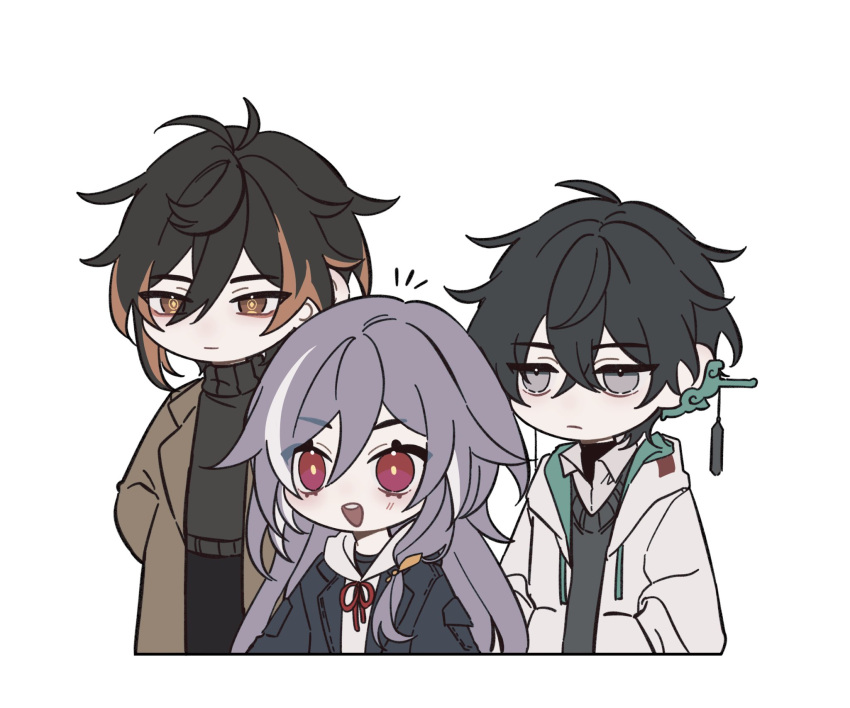 1girl 2boys :d bangs black_hair black_jacket black_vest brown_coat brown_eyes brown_hair casual coat commentary_request company_connection danheng_(honkai:_star_rail) earrings fu_hua fu_hua_(herrscher_of_sentience) genshin_impact grey_eyes hair_between_eyes highres honkai:_star_rail honkai_(series) honkai_impact_3rd jacket jewelry kirakirakuraku korean_commentary long_hair mihoyo_technology_(shanghai)_co._ltd. multiple_boys open_clothes open_mouth polo_shirt short_hair simple_background single_earring smile sweater trait_connection turtleneck turtleneck_sweater v-shaped_eyebrows vest white_background white_jacket zhongli_(genshin_impact)