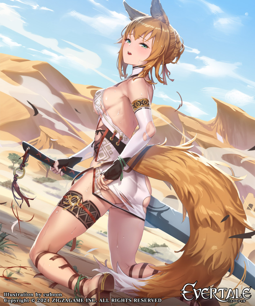 1girl animal_ears artist_name ass bangs bare_shoulders blue_sky breasts cloud cloudy_sky commentary_request company_connection copyright_name cuboon day desert dress elbow_gloves evertale eyebrows_visible_through_hair fingerless_gloves fox_ears fox_girl fox_tail gladiator_sandals gloves green_eyes hair_bun highres holding holding_weapon kneeling light_brown_hair logo looking_at_viewer looking_back medium_breasts mysha official_art open_mouth outdoors panties reverse_grip sandals shiny shiny_hair shiny_skin short_dress sideboob simple_background sky sleeveless solo sweat sweatdrop sword tail thigh_strap thighs tied_hair torn_clothes torn_footwear underwear weapon white_panties