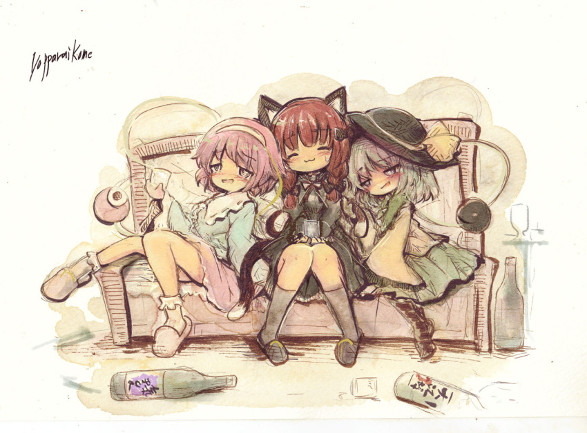 3girls :3 =_= animal_ears bangs black_bow black_dress black_headwear blouse blush bobby_socks boots bottle bow braid cat_ears cat_tail closed_eyes commentary_request couch cup dress drinking_glass drunk eyeball eyebrows_visible_through_hair frilled_shirt_collar frilled_sleeves frills full_body green_hair green_skirt hair_bow hat hat_bow hat_ribbon kaenbyou_rin knees_together_feet_apart komeiji_koishi komeiji_satori kouba long_hair long_sleeves miniskirt multiple_girls multiple_tails nekomata nervous_smile pink_hair pink_skirt red_hair ribbon sake_bottle shirt short_hair siblings sidelocks signature simple_background sisters skirt slippers socks sweatdrop table tail third_eye touhou twin_braids two_side_up two_tails white_background white_legwear wide_sleeves wine_bottle wine_glass yellow_blouse yellow_bow yellow_ribbon yellow_shirt