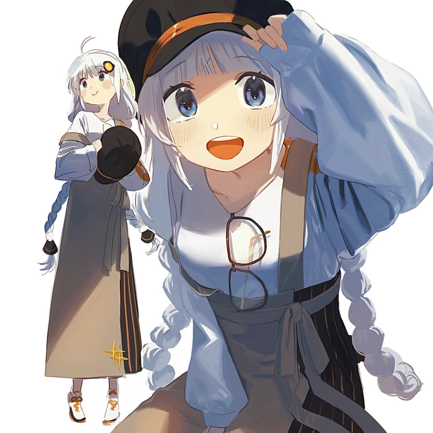 1girl :d a.i._voice adjusting_clothes adjusting_headwear bangs black_headwear blue_eyes blush braid brown_dress cabbie_hat casual closed_mouth commentary dress eyewear_hang eyewear_removed full_body glasses hat highres holding holding_clothes holding_hat kakine kizuna_akari long_hair long_sleeves looking_at_viewer looking_to_the_side multiple_views puffy_long_sleeves puffy_sleeves shirt shoes sleeves_past_wrists smile sneakers twin_braids very_long_hair voiceroid white_footwear white_hair white_shirt