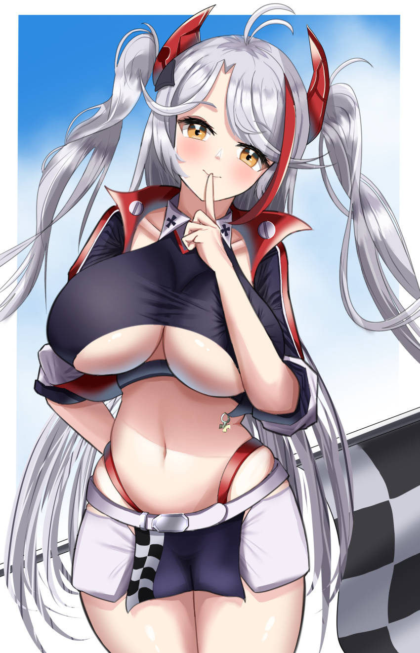 1girl absurdres azuma_(sospower73) azur_lane belt breasts checkered checkered_flag clothing_cutout cropped_shirt finger_to_mouth flag highres jacket large_breasts long_hair microskirt multicolored_hair navel official_alternate_costume open_clothes open_jacket panties panty_straps prinz_eugen_(azur_lane) prinz_eugen_(final_lap)_(azur_lane) purple_jacket purple_skirt race_queen red_hair red_panties silver_hair skirt solo standing streaked_hair twintails two-tone_hair two-tone_skirt underboob underboob_cutout underwear very_long_hair white_belt white_skirt yellow_eyes