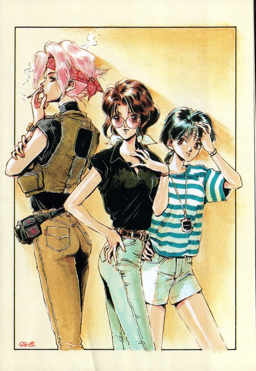 1980s_(style) 3girls ariel_(novel) bandana bangs belt belt_pouch black_belt black_shirt blue_shorts braid brown_eyes brown_hair cigarette denim green_pants green_vest hair_behind_ear hair_ribbon hand_in_hair hand_on_hip headband highres jeans kawai_mia kishida_aya kishida_kazumi looking_to_the_side multiple_girls novel_illustration official_art outside_border pants pink-tinted_eyewear pink_hair polo_shirt ponytail pouch red_headband retro_artstyle ribbon round_eyewear scan shirt shirt_tucked_in short_sleeves shorts signature smile smoking standing striped striped_shirt sunglasses suzuki_masahisa third-party_source tinted_eyewear vest watch wristwatch yellow_background yellow_ribbon