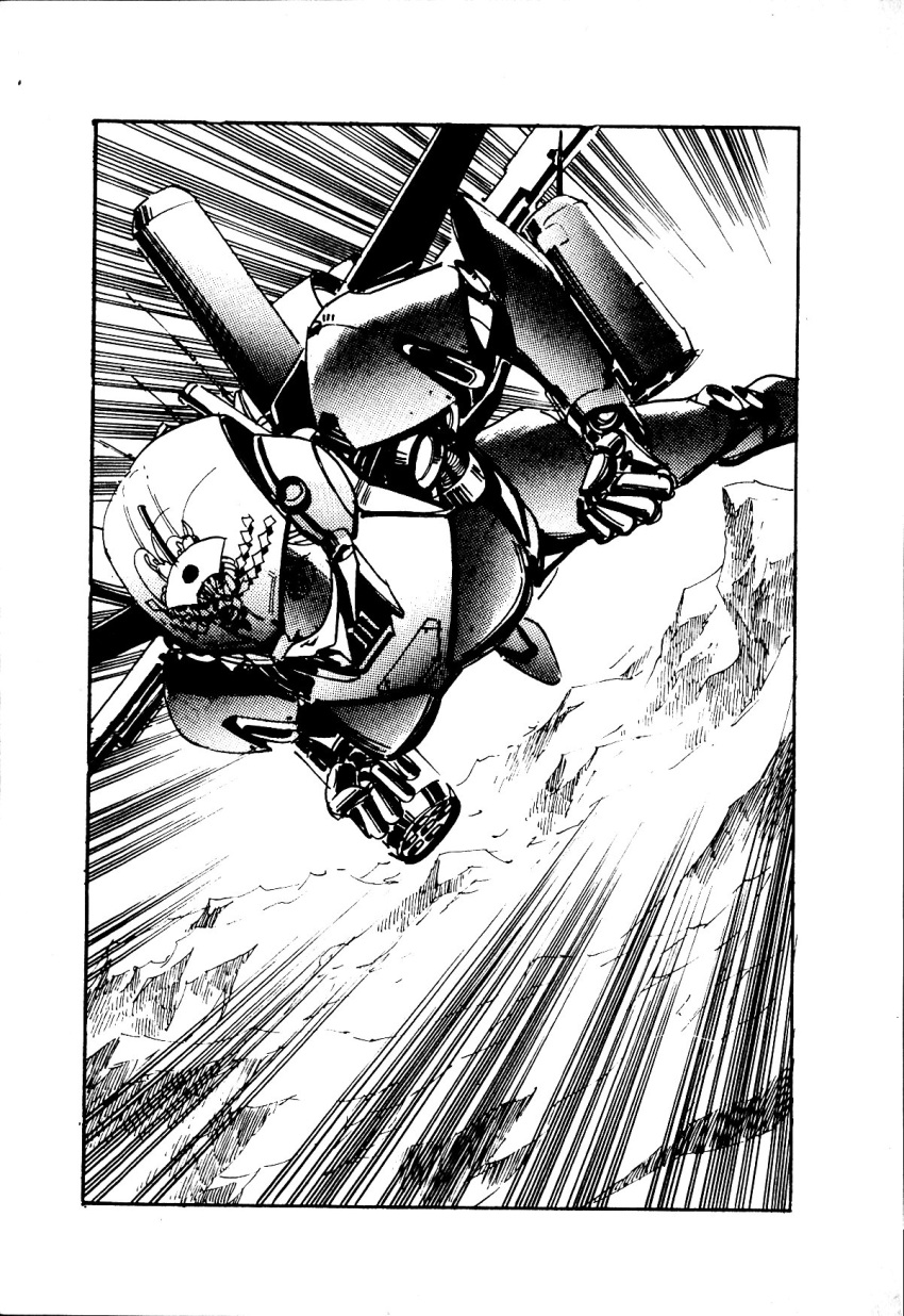 ariel_(mecha) ariel_(novel) clenched_hands flying greyscale highres jetpack mecha monochrome motion_lines mountain no_humans novel_illustration official_art scan science_fiction solo suzuki_masahisa third-party_source visor