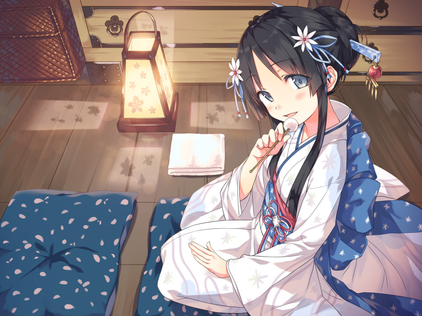 1girl :d ayakashi_kyoushuutan bangs basket blue_eyes blush brown_hair commentary_request cura cushion drawer eyebrows_visible_through_hair flower full_body hair_flower hair_ornament hair_stick head_tilt highres holding indoors japanese_clothes kanzashi kimono lantern lap_pillow_invitation long_sleeves looking_at_viewer mimikaki obi official_art pillow sash seiza sidelocks sitting smile solo towel white_kimono wide_sleeves wooden_floor yuki_(ayakashi_kyoushuutan) zabuton