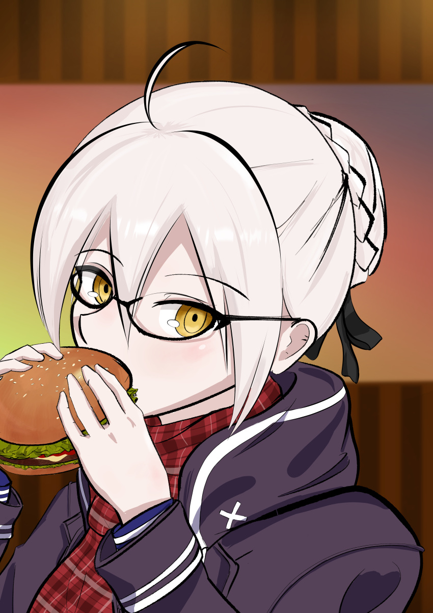 1girl absurdres ahoge artoria_pendragon_(fate) black_ribbon blonde_hair braid breasts burger eating fate/grand_order fate_(series) food french_braid glasses hair_ribbon highres ketchup lettuce light_blush looking_at_viewer meat mko_(mko_v3) mysterious_heroine_x_(alter)_(fate) plaid plaid_scarf ribbon scarf semi-rimless_eyewear solo upper_body yellow_eyes