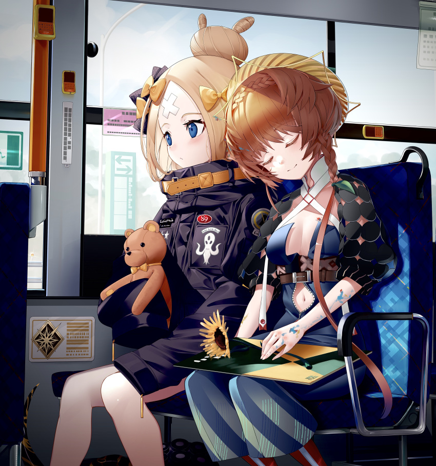 2girls abigail_williams_(fate) absurdres bandaid bandaid_on_forehead bangs black_bow black_jacket blonde_hair blue_eyes blue_overalls blush bow braid breasts center_opening closed_eyes crossed_bandaids crown_braid fate/grand_order fate_(series) flower forehead hair_bow hair_bun hat heroic_spirit_traveling_outfit high_collar highres jacket long_hair long_sleeves multiple_bows multiple_girls navel orange_belt orange_bow orange_hair overall_shorts overalls parted_bangs polka_dot polka_dot_bow puffy_sleeves seat shiro_ami side_braid sitting sketchbook sleeves_past_fingers sleeves_past_wrists small_breasts smile straw_hat stuffed_animal stuffed_toy sunflower teddy_bear tentacles train_interior van_gogh_(fate) window yellow_headwear